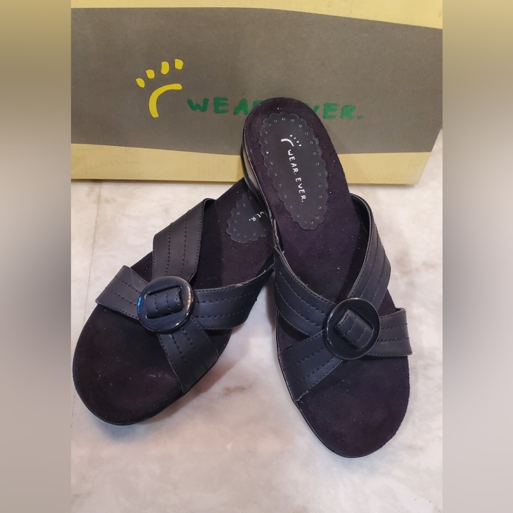WEAR EVER SOFT SOLE BLACK COMFORT STEP SANDAL Sz 7